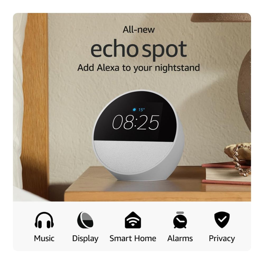 Echo Spot Smart alarm clock with vibrant sound + Alexa