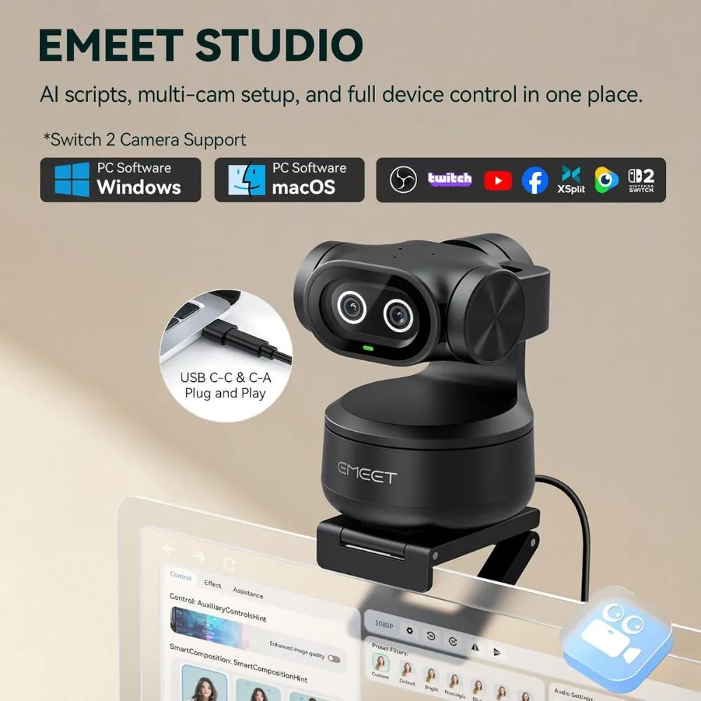 EMEET PIXY Dual-Camera AI-Powered PTZ 4K Webcam