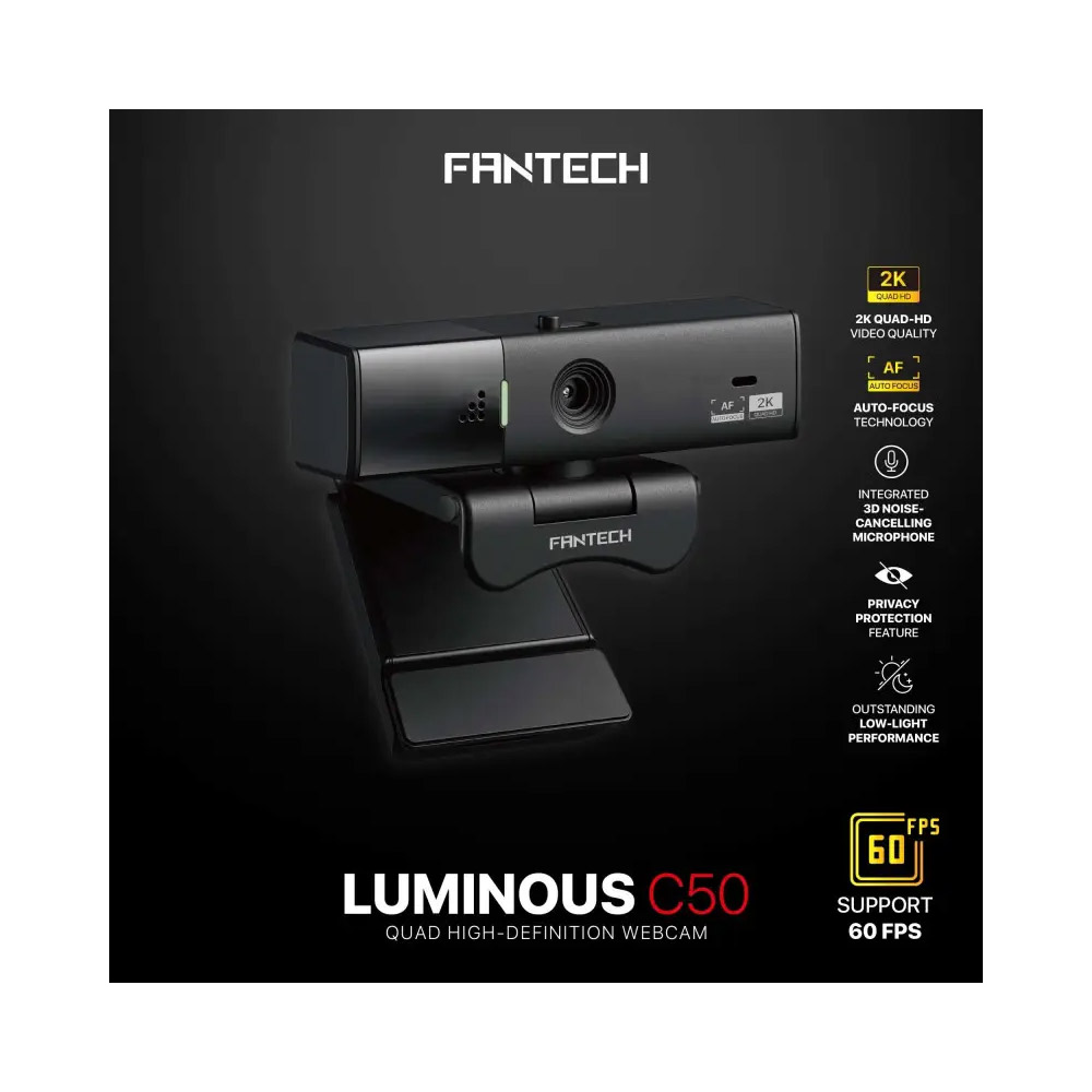 FANTECH C50 LUMINOS: Professional 2K Quad-HD Webcam with Auto Focus, Support for 60FPS, Built-in Micro 3D Noise Cancellation