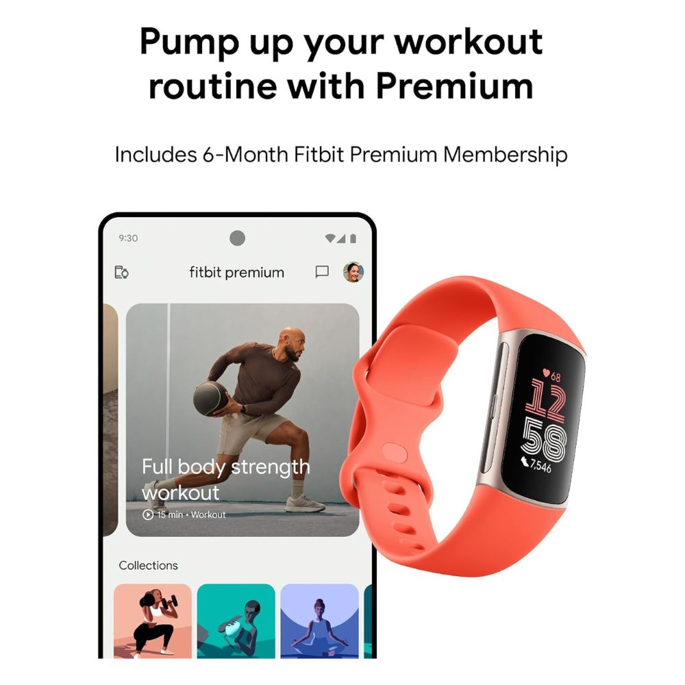 Fitbit Charge 6 - Premium Fitness Tracker Gold Case / Red Band