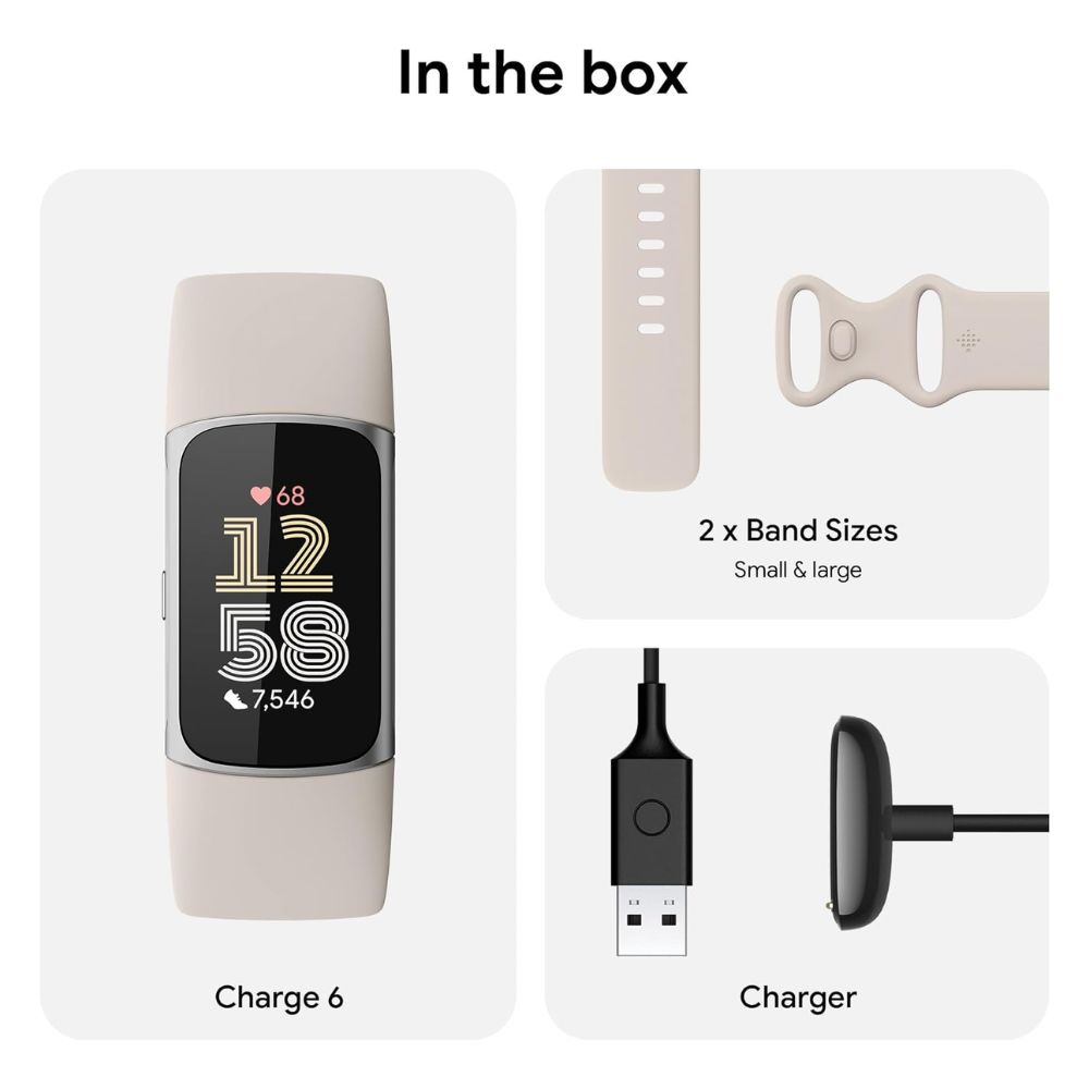 Fitbit Charge 6 - Premium Fitness Tracker Silver Case / White Band