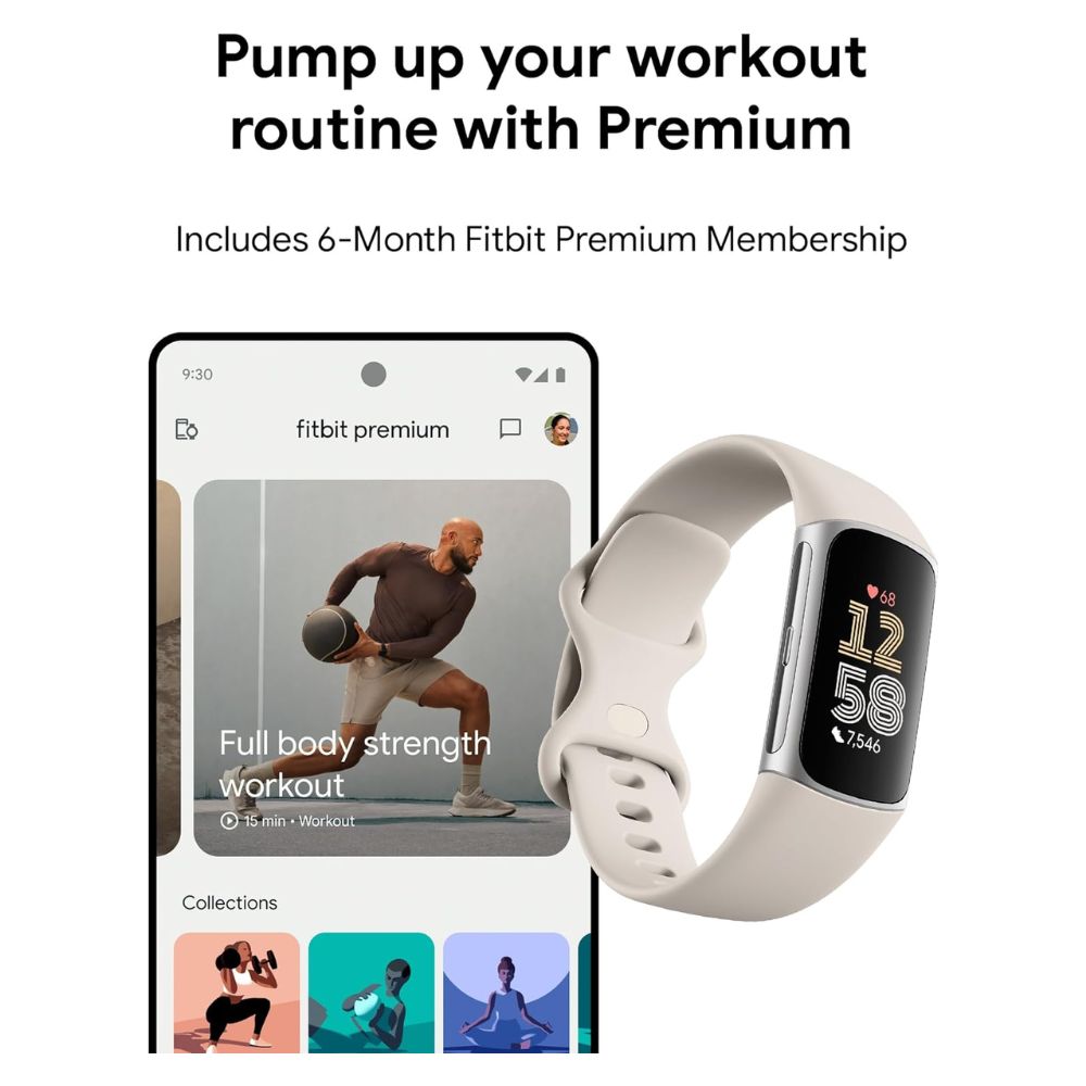 Fitbit Charge 6 - Premium Fitness Tracker Silver Case / White Band
