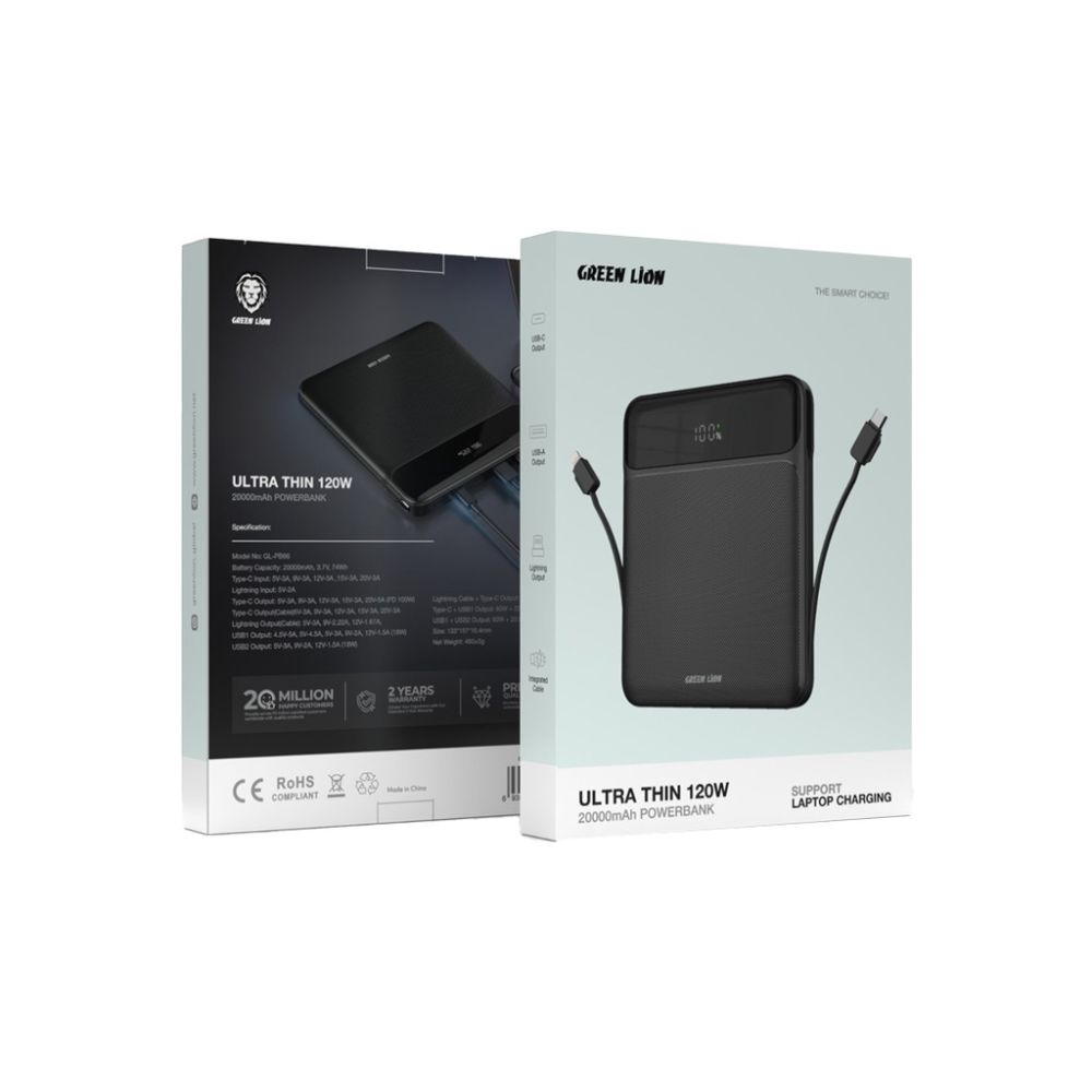 Green Lion Ultra Thin 120W 20000mAh Power Bank – Black
