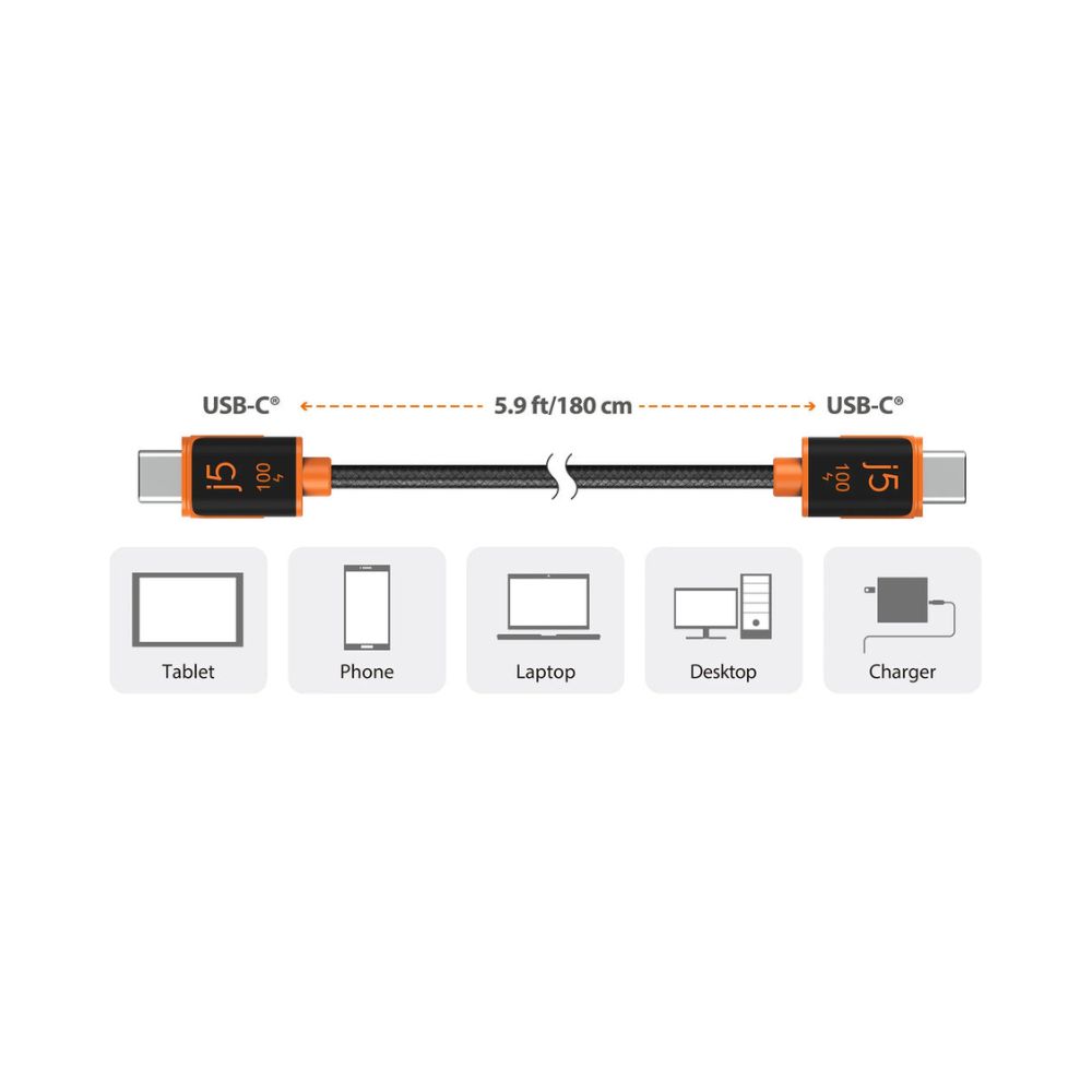j5create JUCX25L18 USB-C 100W Sync &amp; Charge Cable (6′)