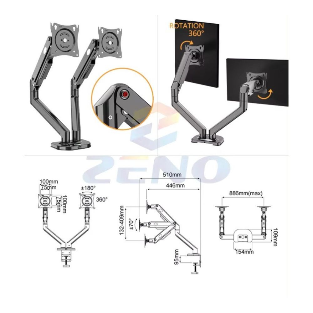 Kaloc DS200 H2 Adjustable Dual Monitor Arm