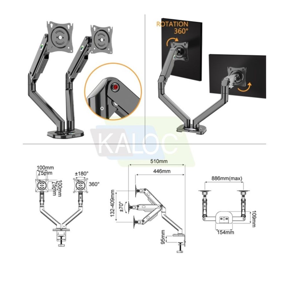 Kaloc DS2002B Adjustable Dual Monitor Arm