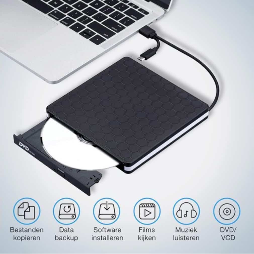 LifeGoods External DVD Player – For Laptop and Burner – USB 3.0 or USB C – Incl. Cover + Cable