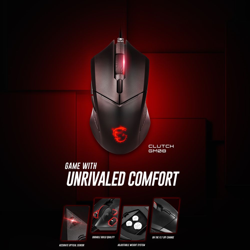 MSI CLUTCH GM08 – Wired gaming mouse, 4200DPI, Red lighting