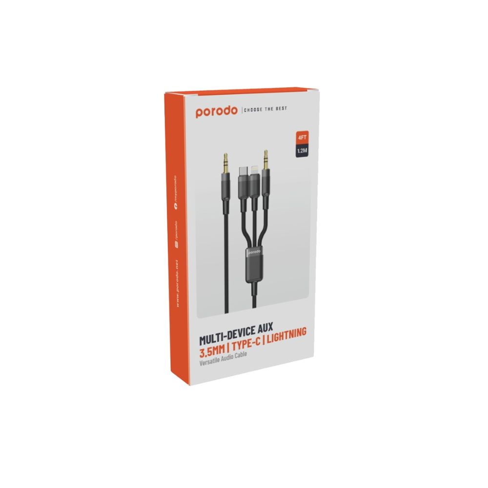 Porodo 3in1 Aux 3.5 to 3.5+C+Lightning Cable 1.2M – Black