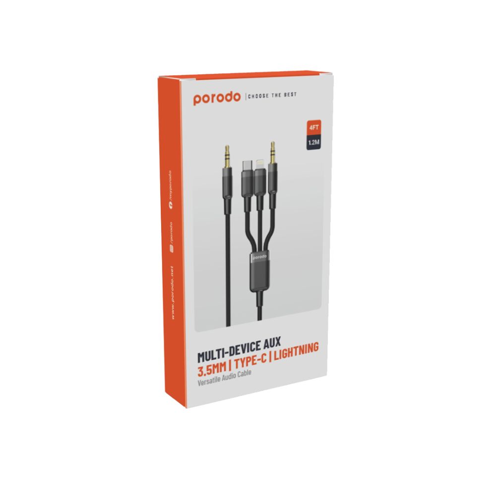 Porodo 3in1 Aux 3.5 to 3.5+C+Lightning Cable 1.2M