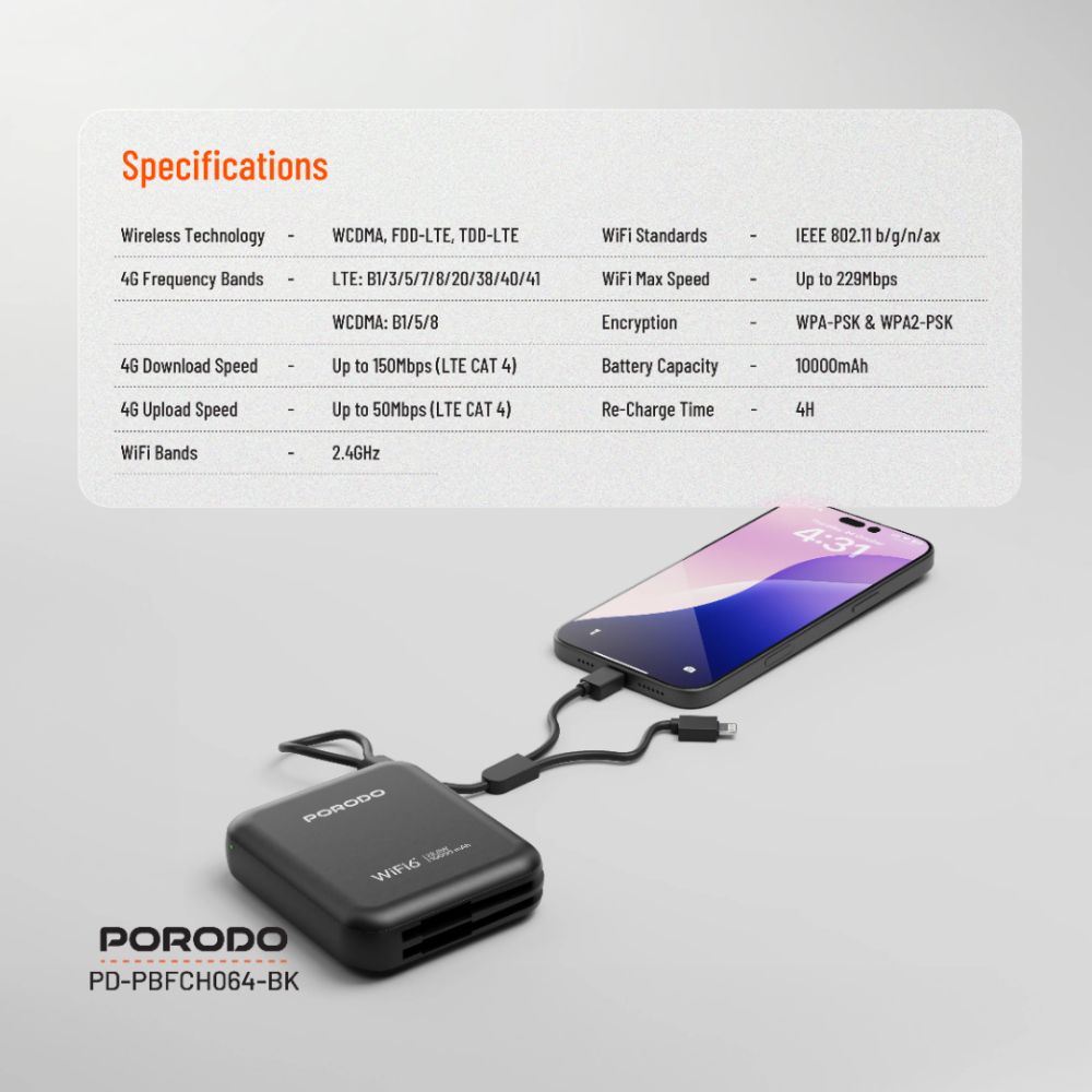 Porodo 4G LTE WiFi 6 Pocket Router