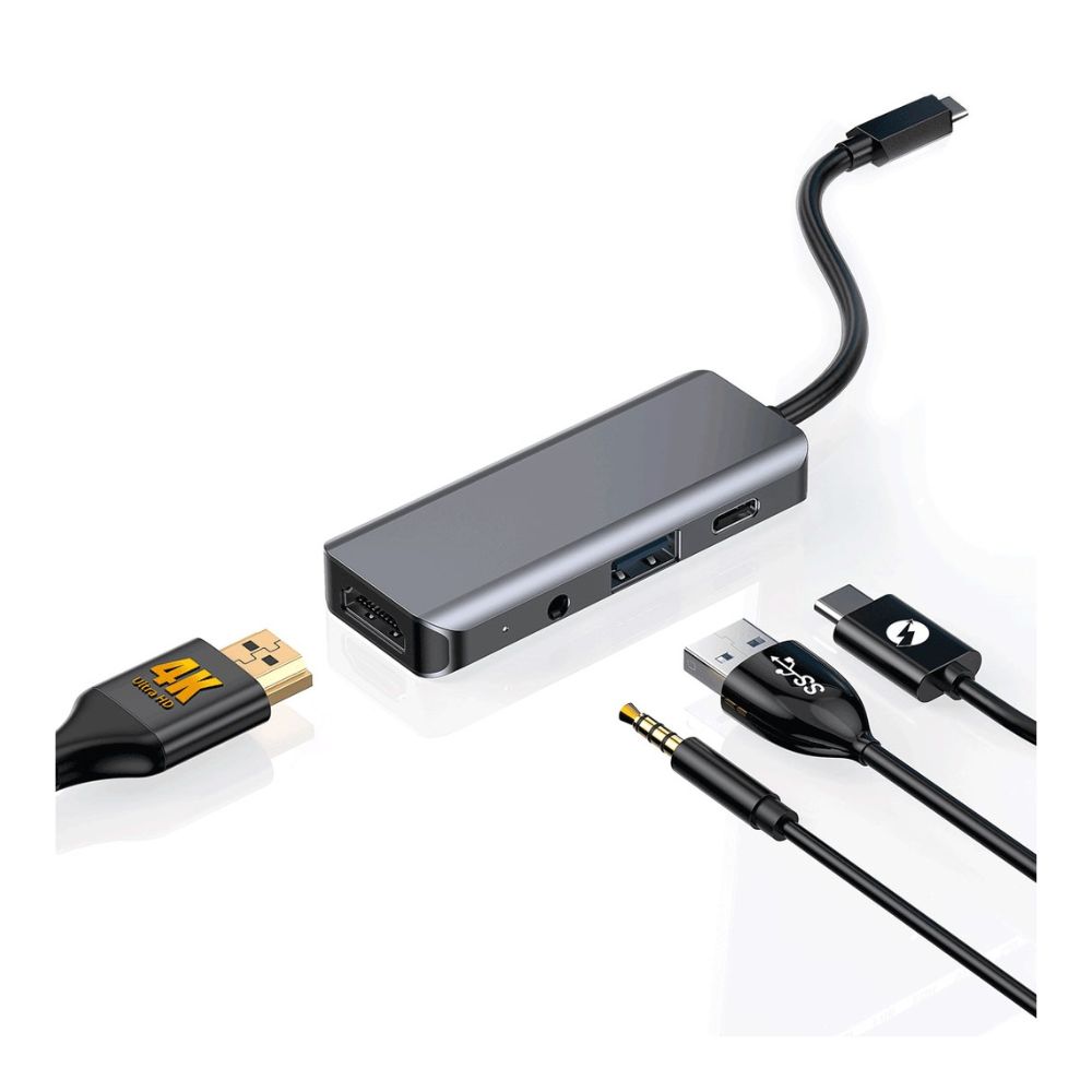 Porodo 4in1 USB-C Hub Type-C PD 100W HDMI USB 3.5mm Aux – Grey