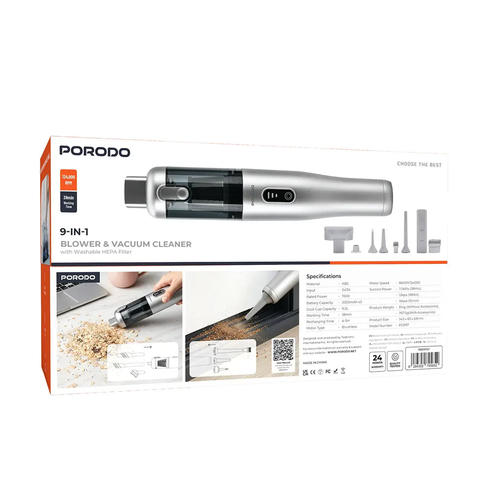 Porodo 9-In-1 Blower & Vacuum Cleaner – Gray