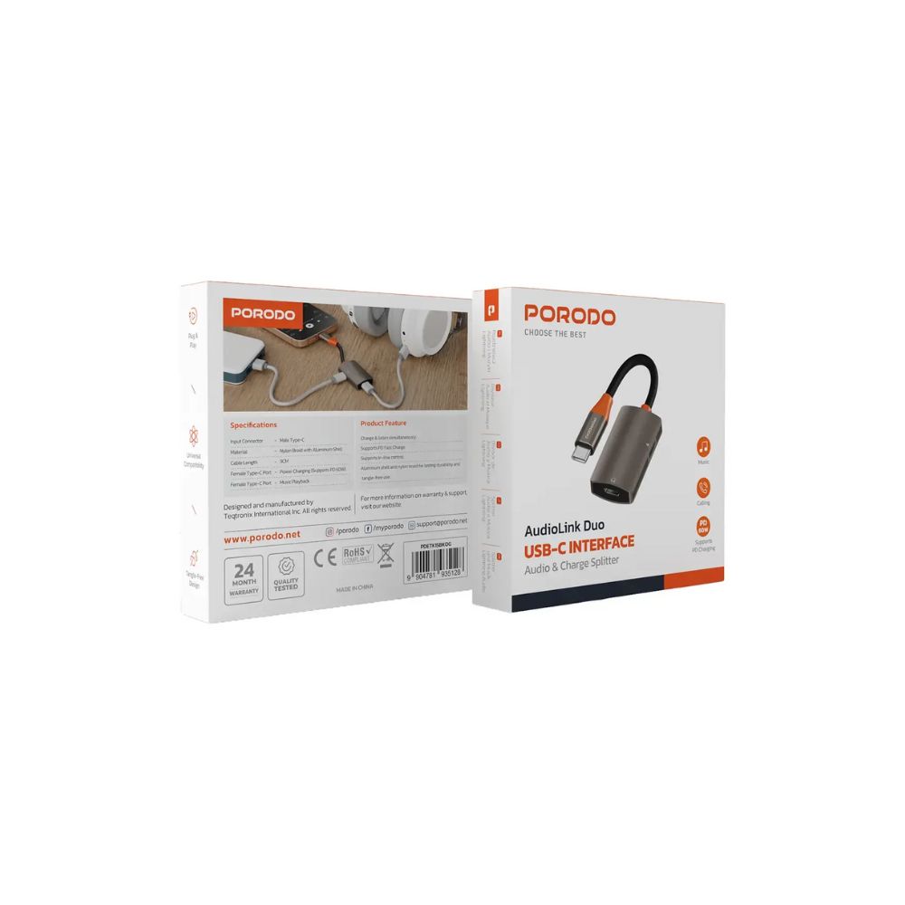 Porodo AudioLink Duo USB-C Interface Audio & Charge Splitter 60W