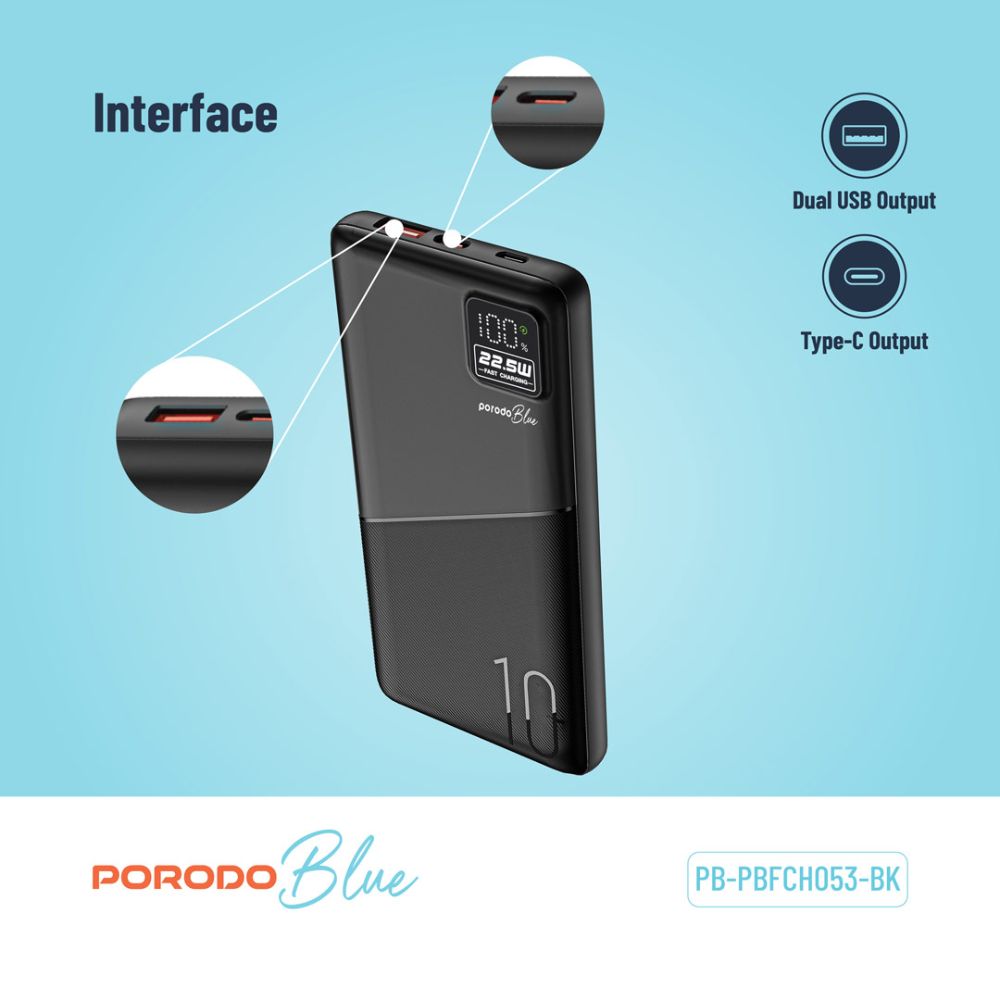 Porodo Blue 10000mAh Quick Charge Power Bank USB-A and USB-C Output