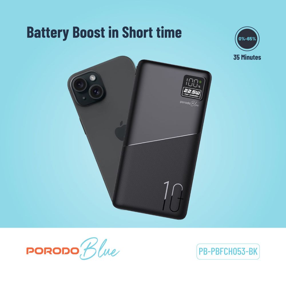 Porodo Blue 10000mAh Quick Charge Power Bank USB-A and USB-C Output
