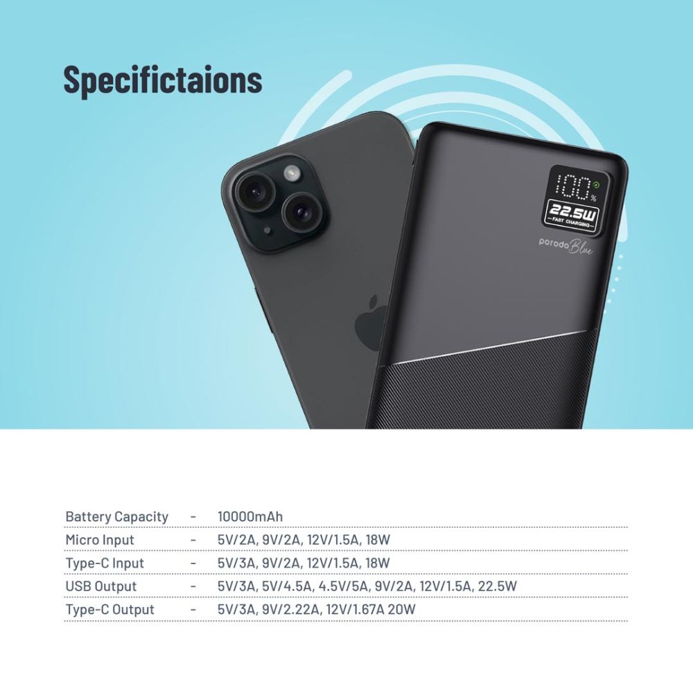 Porodo Blue 10000mAh Quick Charge Power Bank USB-A and USB-C Output