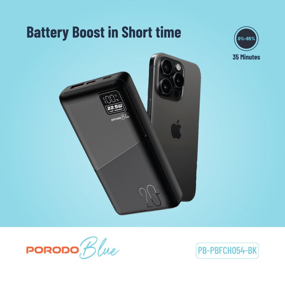 Porodo Blue 20000mAh Quick Charge Power Bank USB-A and USB-C Output