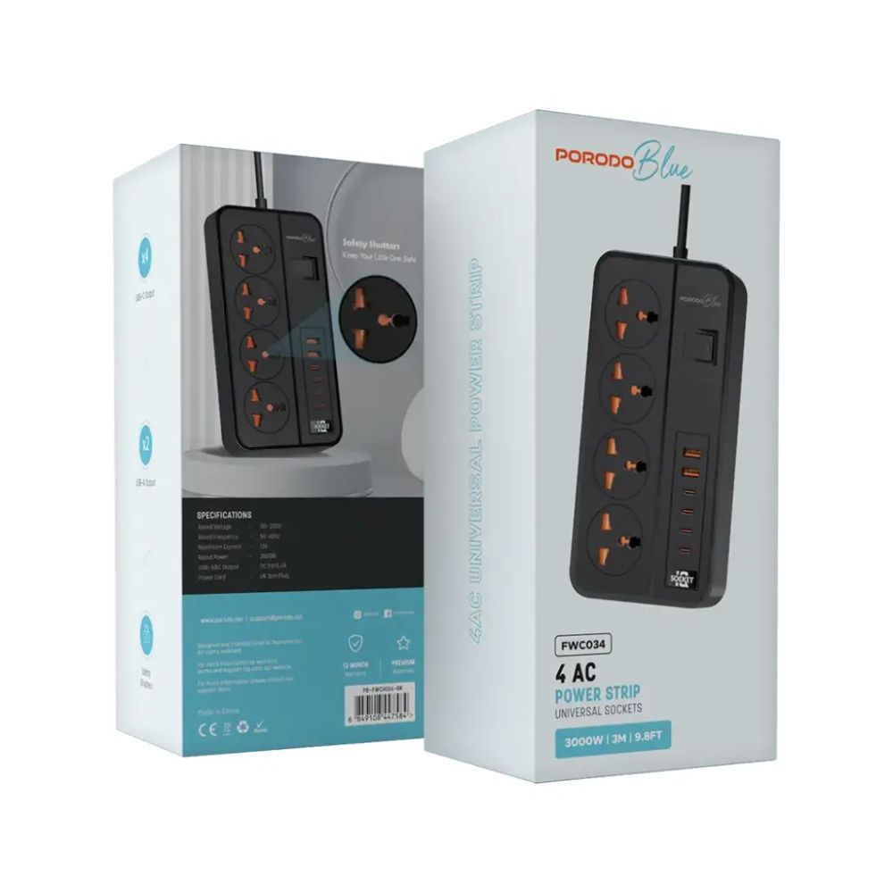 Porodo Blue 4 AC Power Strip – Black