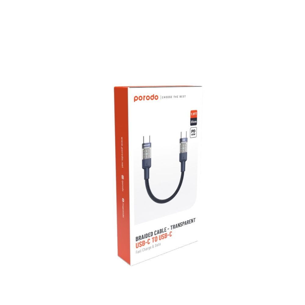 Porodo Braided 60W PD C to C Fast Charging Cable with Transparent Head 35cm