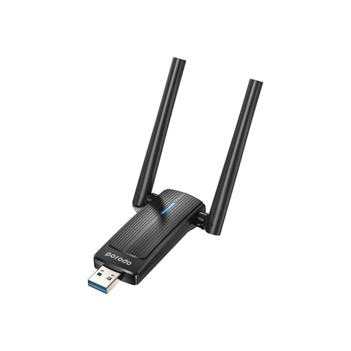 Porodo Dual Band WiFi6 USB Adapter with Additional USB A to Type-C Adaptor and External Antenna – Black