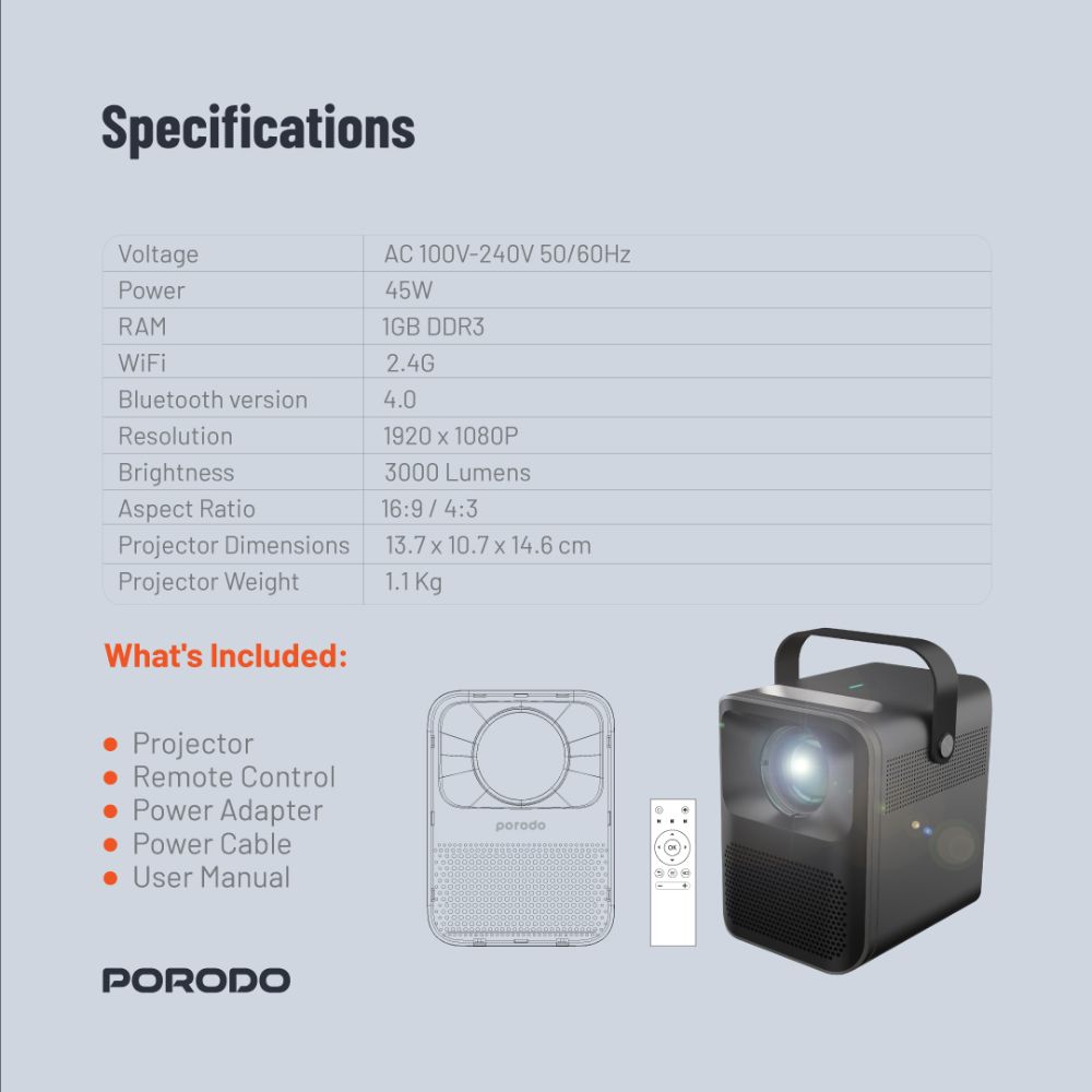 Porodo Full HD Portable Projector – PD-HDPRJAN-BK