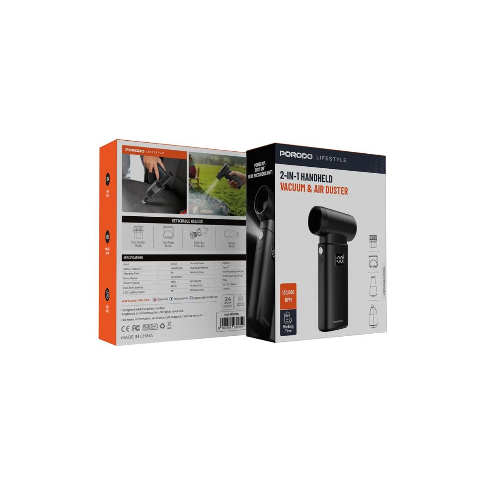 Porodo Lifestyle 2-in-1 Handheld Vacuum & Air Duster – Black