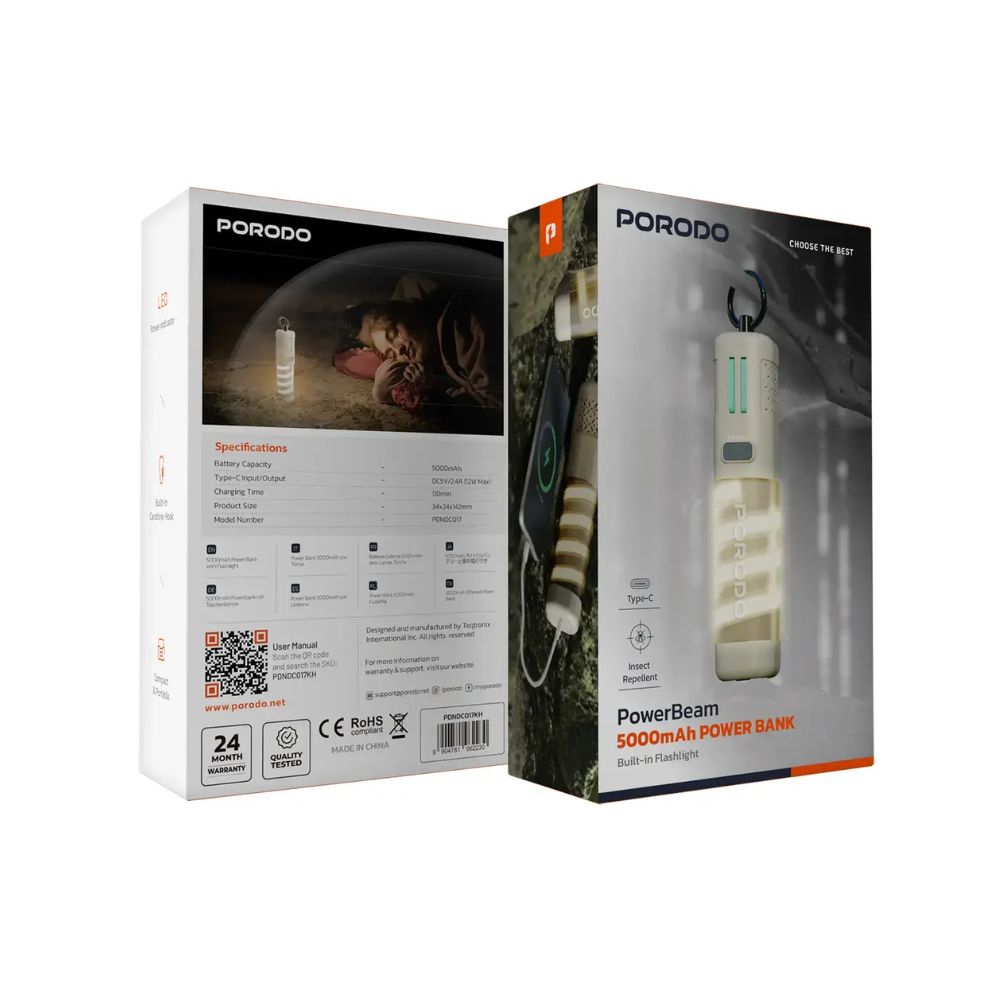 Porodo PowerBeam 5000mAh Power Bank with Built-In Flashlight - Khaki