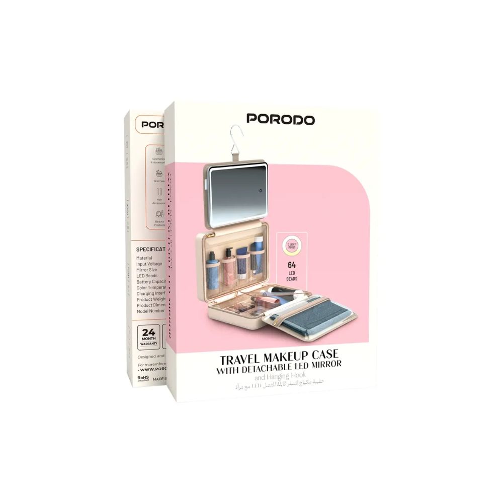 Porodo Travel Makeup Case with Detachable LED Mirror & Hanging Hook – Beige