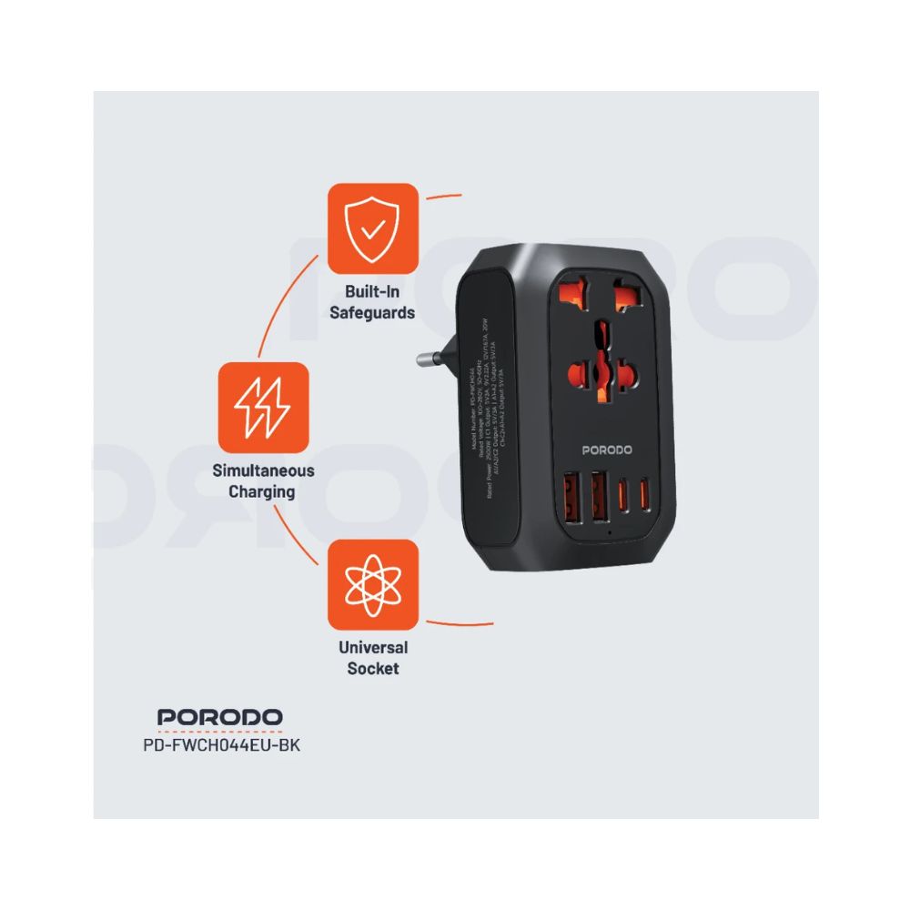 Porodo Universal AC Adapter Multi-Device Charging EU Plug