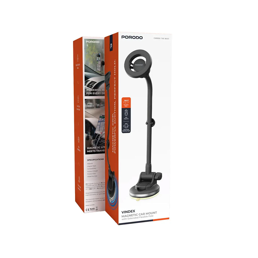 Porodo Vindex Magnetic Car Mount with Extended Flexible Pole – Black