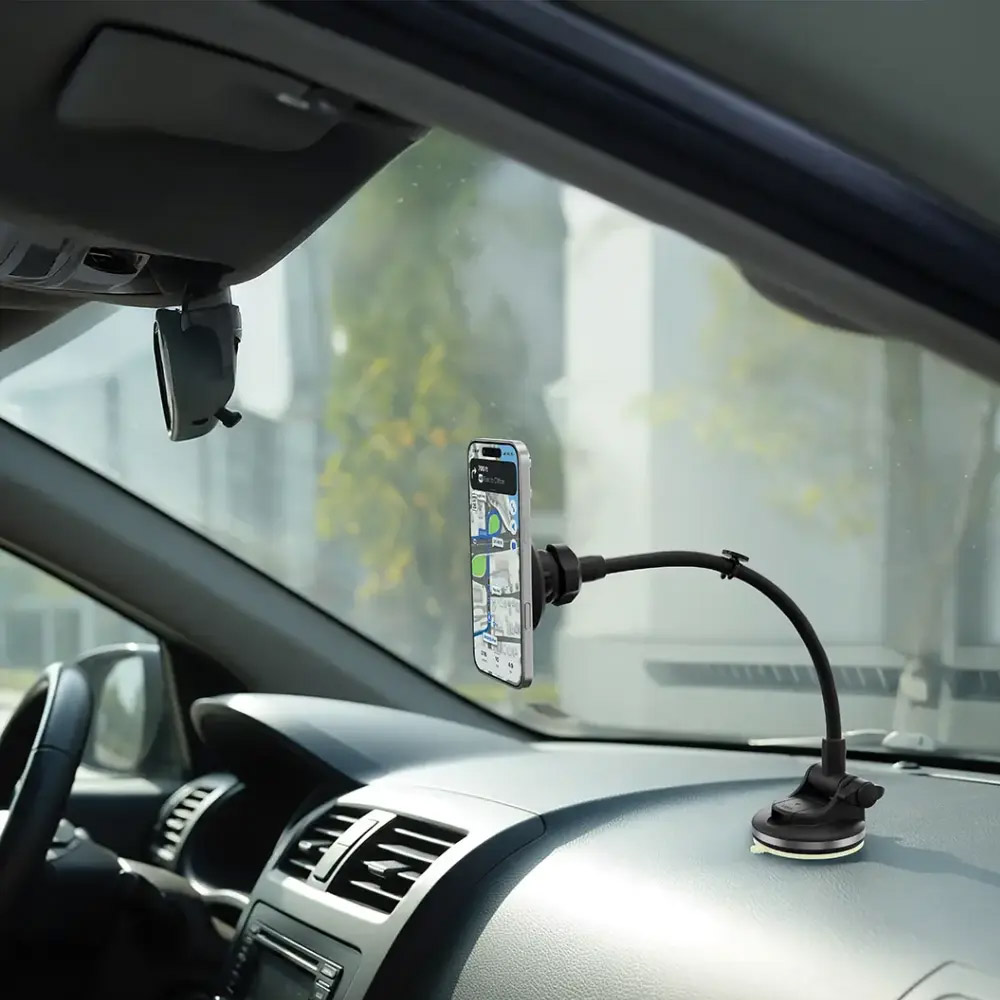 Porodo Vindex Magnetic Car Mount with Extended Flexible Pole – Black