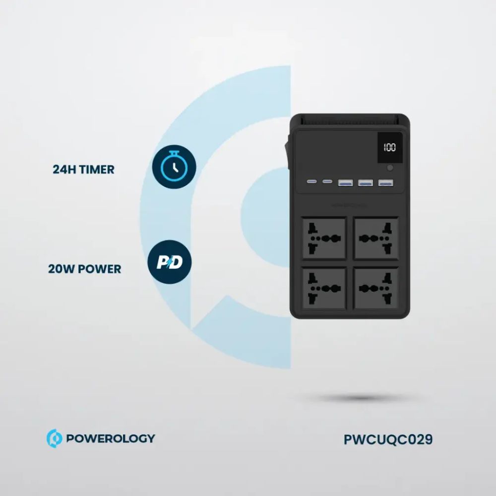 Powerology 2500w 4 AC Power Strip with Built-In Retractable Cables
