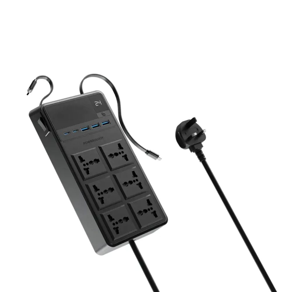 Powerology 2500W 6AC Power Strip with Built-In Retractable Cables