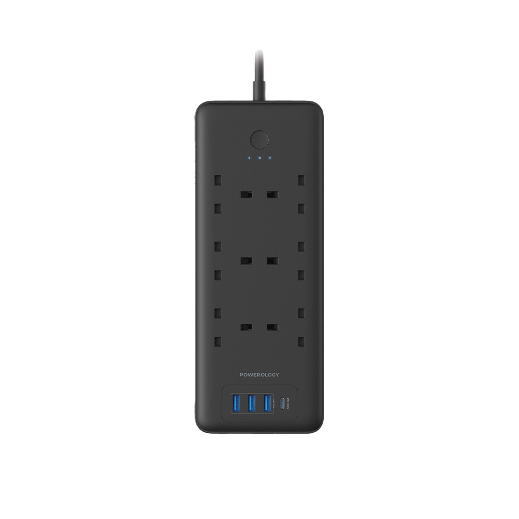 Powerology 48W 6AC 1x PD USB-C and 3x QC USB-A Power Strip with UK Plug – Black
