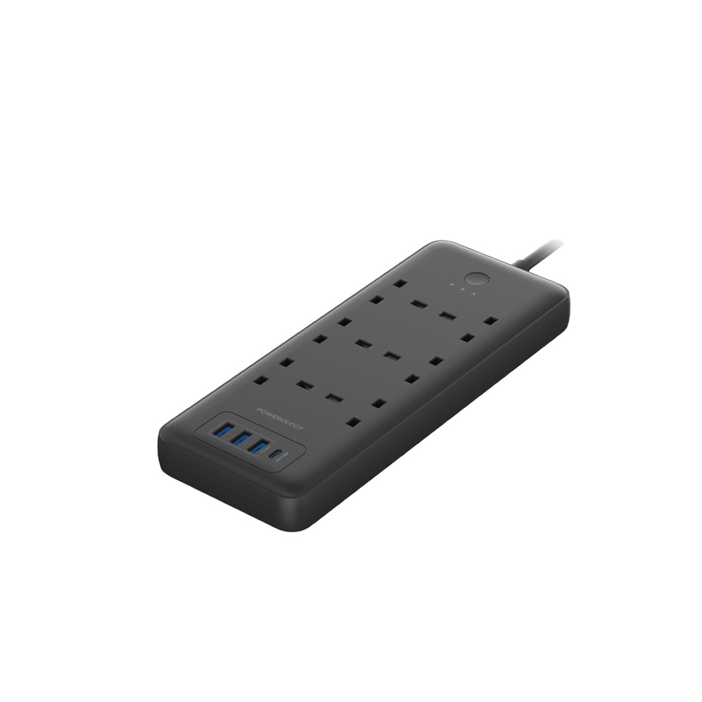 Powerology 48W 6AC 1x PD USB-C and 3x QC USB-A Power Strip with UK Plug – Black