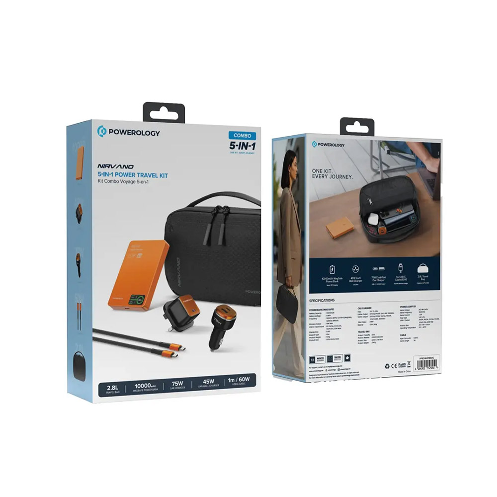 Powerology Nirvano 5-In-1 Power Travel Kit – Black/Orange