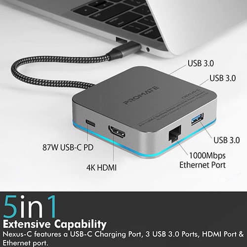 Promate USB C Hub, 6-In-1 Type-C Adapter with 1000Mbps RJ45 Ethernet,