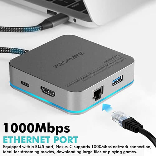 Promate USB C Hub, 6-In-1 Type-C Adapter with 1000Mbps RJ45 Ethernet,