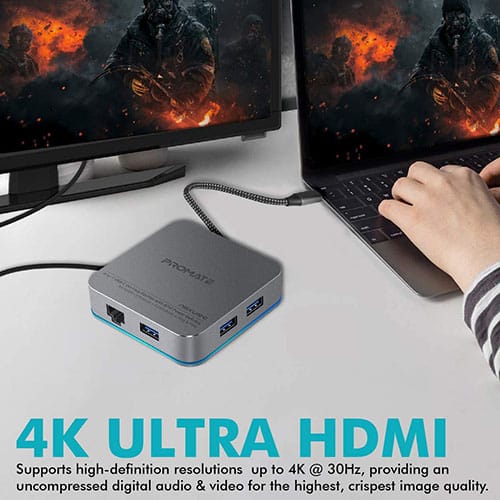 Promate USB C Hub, 6-In-1 Type-C Adapter with 1000Mbps RJ45 Ethernet,