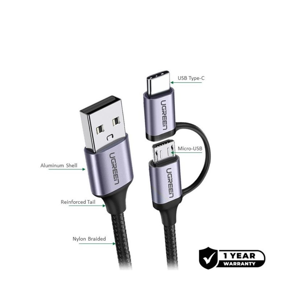 UGREEN 2 IN 1 USB-A to Micro-USB + USB-C Braided Cable Fast Charge