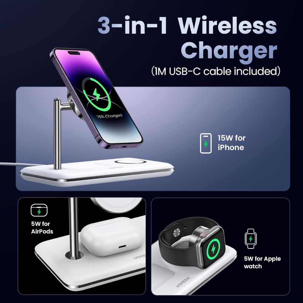 UGREEN 25W 3-In-1 MagSafe Fast Wireless Charging Station Or Magnetic for Apple Watch, iPhone &amp; Air pods
