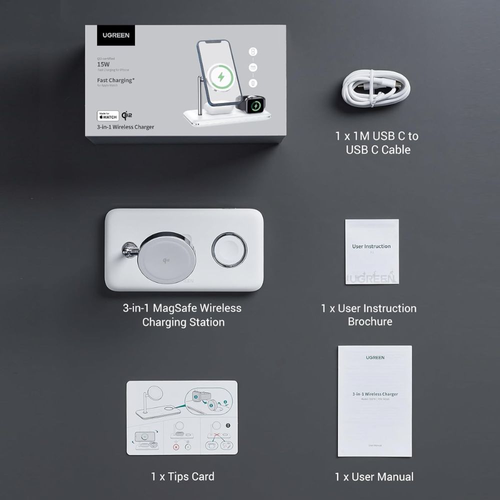 UGREEN 25W 3-In-1 MagSafe Fast Wireless Charging Station Or Magnetic for Apple Watch, iPhone &amp; Air pods