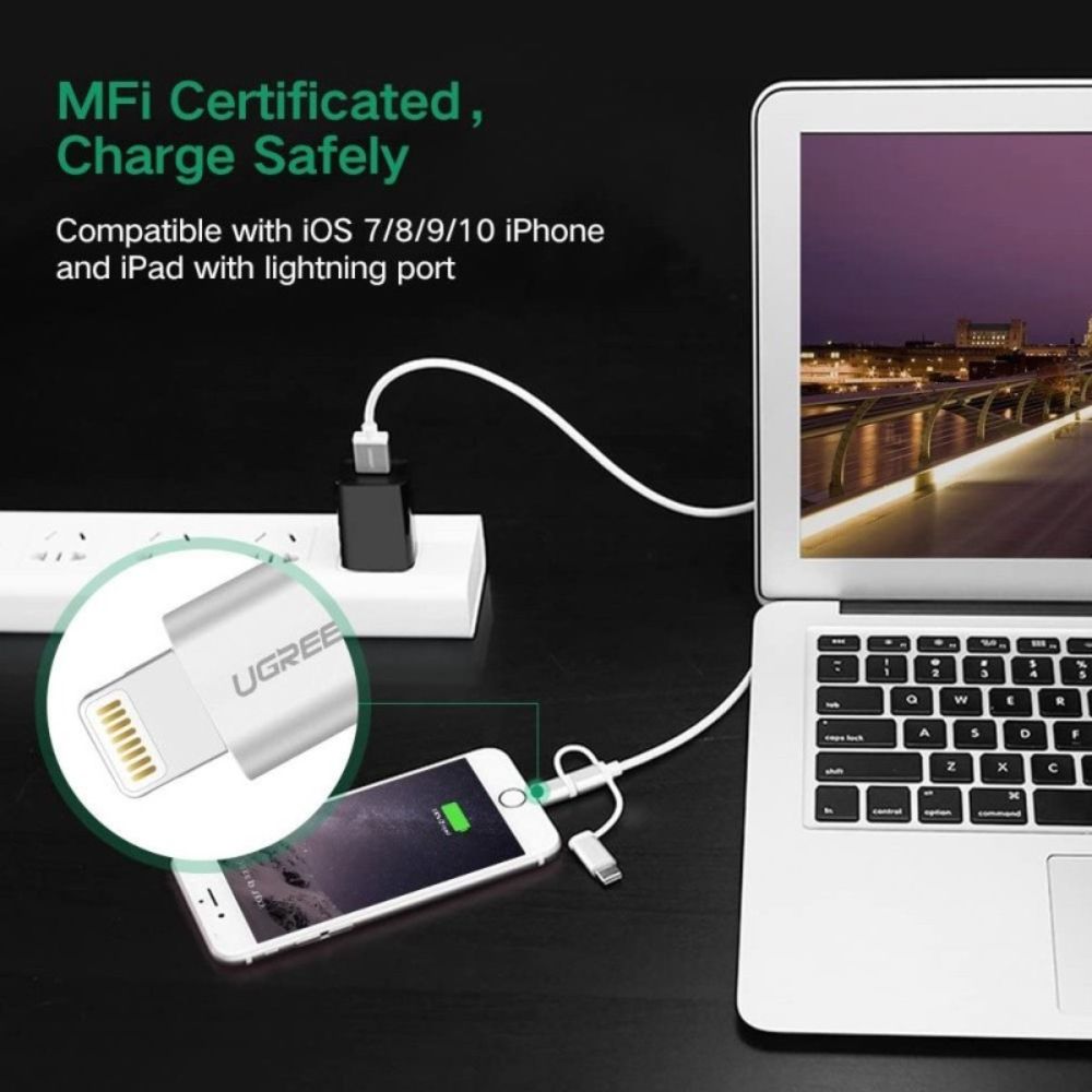 UGREEN 3 in1 USB-A to Lightning + USB-C + Micro-USB Braided Cable &amp; Aluminum Body, MFI Apple Certified, 1.5M