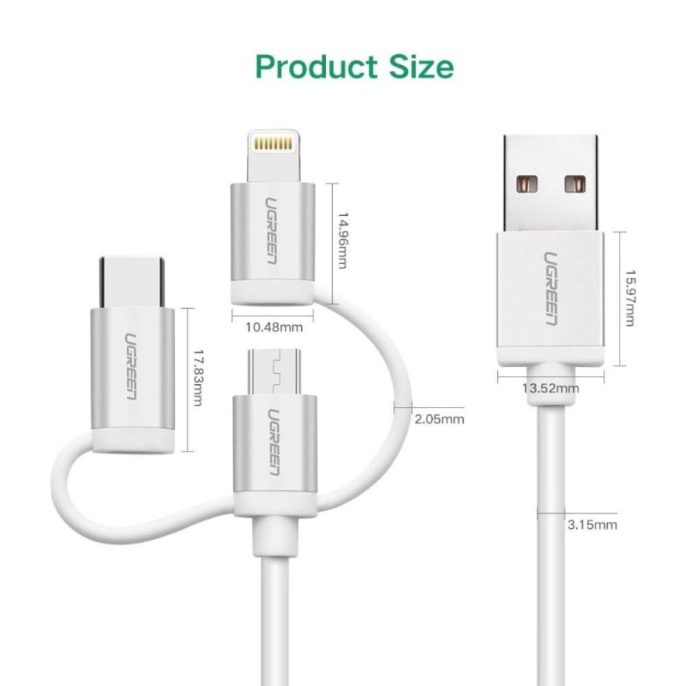 UGREEN 3 in1 USB-A to Lightning + USB-C + Micro-USB Braided Cable &amp; Aluminum Body, MFI Apple Certified, 1.5M