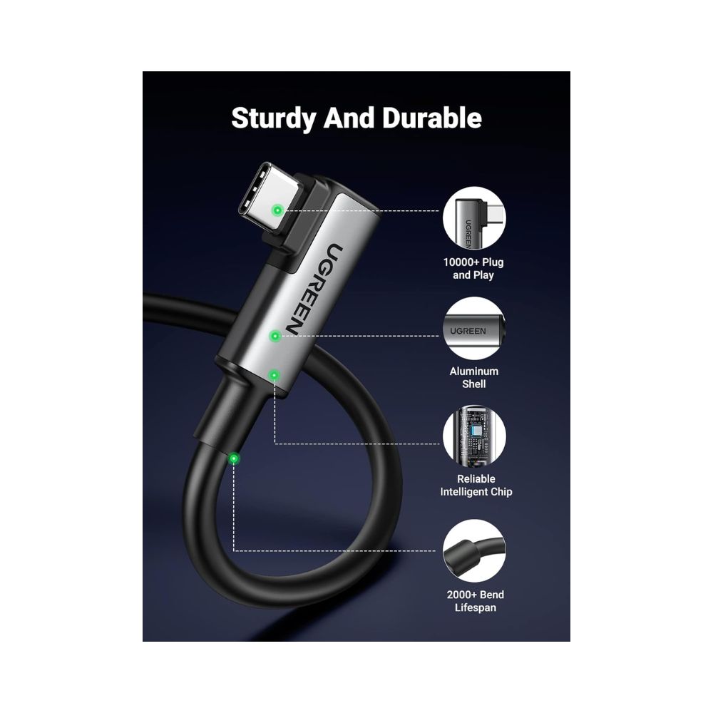 UGREEN Angled USB-C to USB-C VR Link Cable, Compatible with Oculus Quest 2, Pico 4 and PC/Steam VR 5M