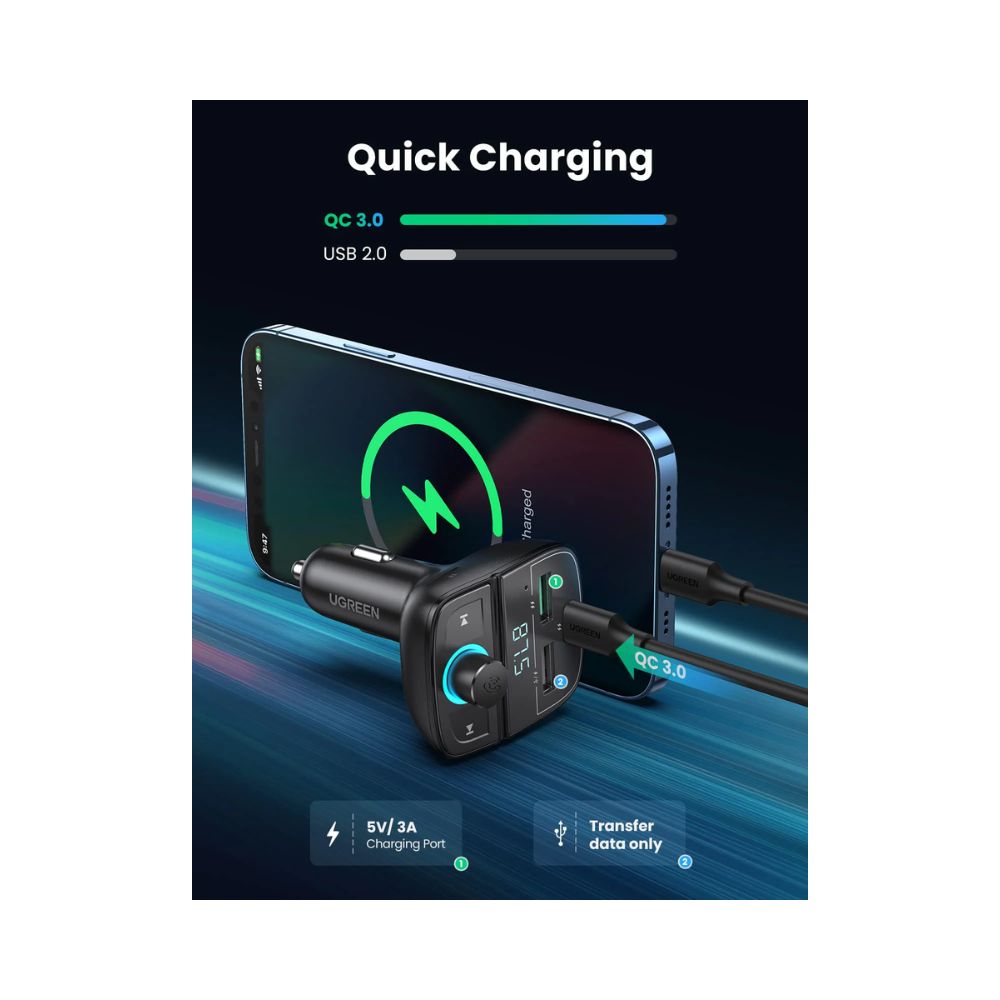 UGREEN Car Bluetooth Adapter – Bluetooth FM Transmitter for Car PD/QC 3.0 Car Charger