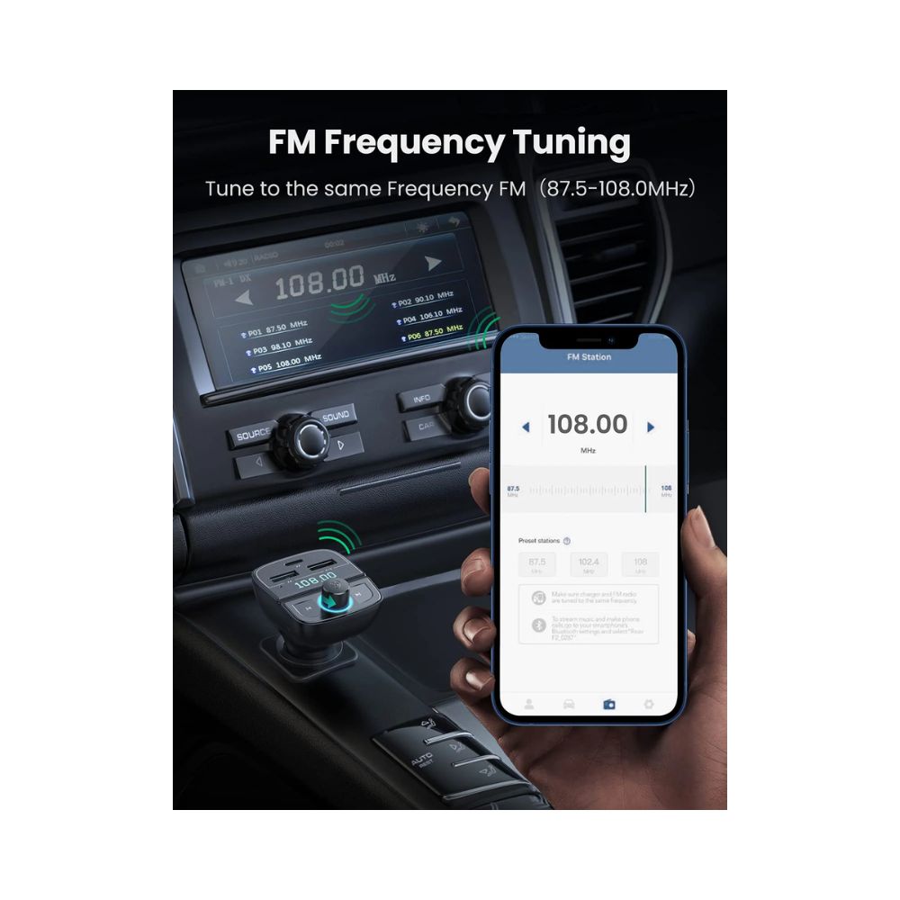 UGREEN Car Bluetooth Adapter – Bluetooth FM Transmitter for Car PD/QC 3.0 Car Charger