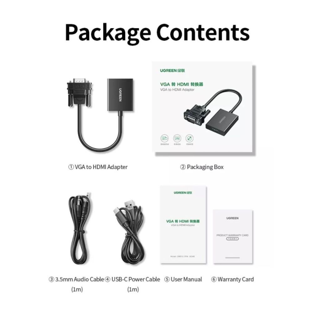 UGREEN Full HD VGA Male to HDMI Female Adapter Cable with 3.5mm Audio