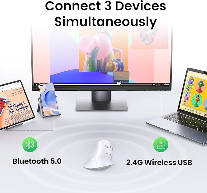 UGREEN – MU008 Vertical Mouse, Dual Mode Bluetooth & Wireless Mouse, Silent Click, 4000DPI